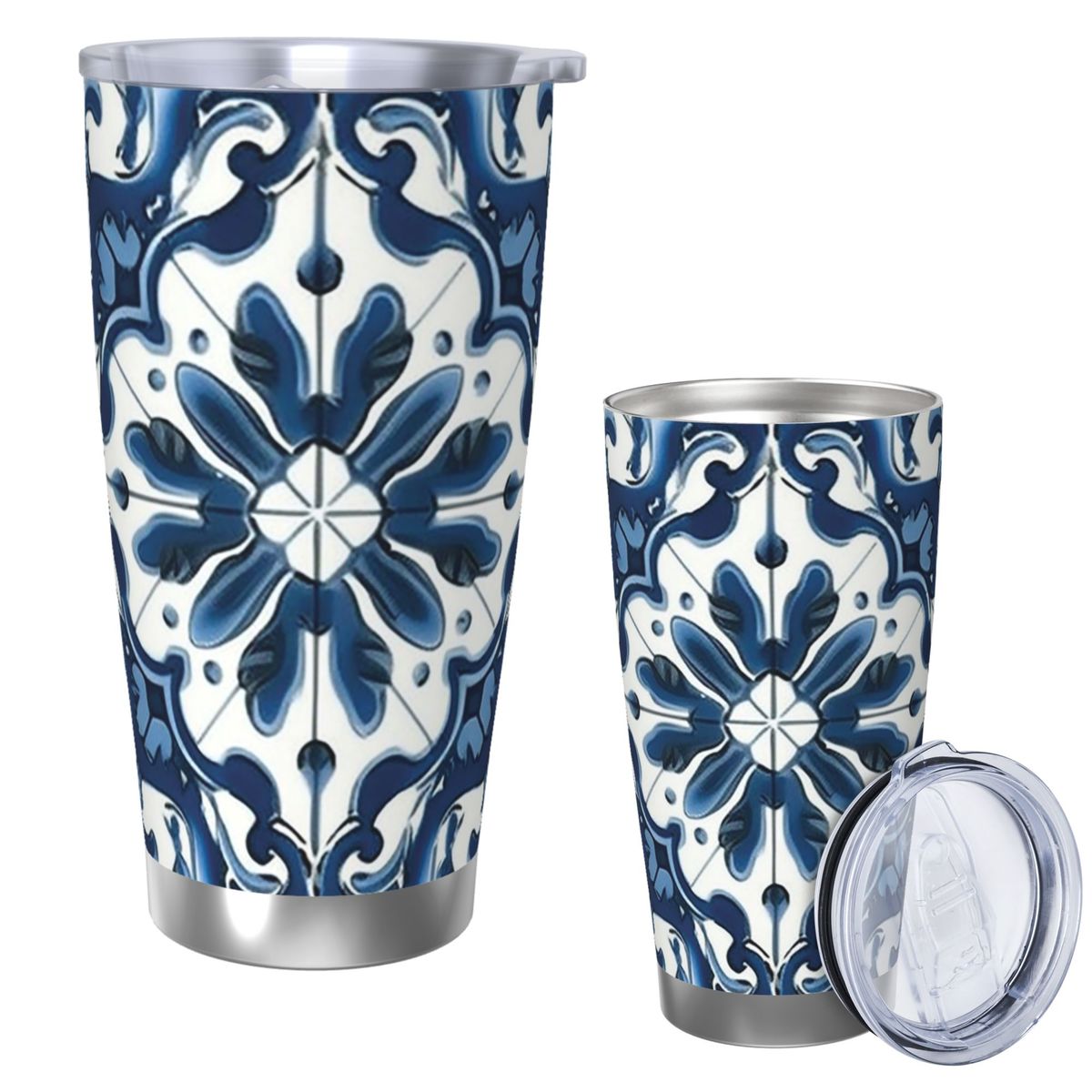 Tumbler 20Oz White - Mavi Ve Beyaz Majolika Desenli Paslanmaz